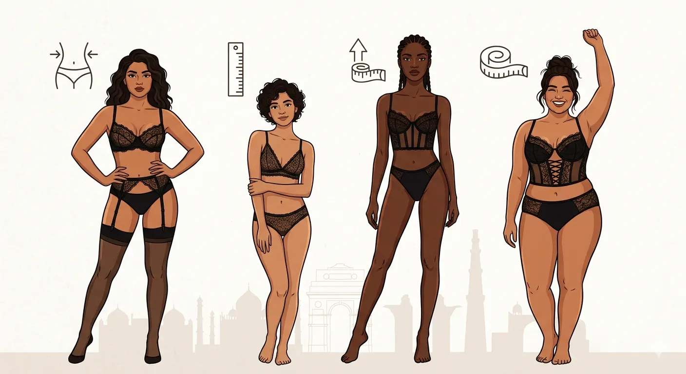 Black lingerie fit guide for hourglass, petite, plus-size body types